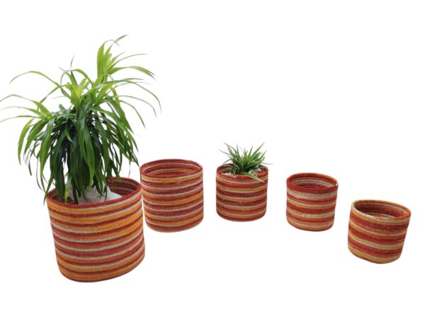 5-Piece Jute Planter Basket Set – Orange Sunset Stripe