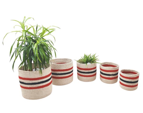 5-Piece Jute Planter Basket Set – Red & Black Striped Design