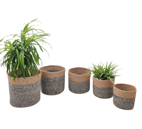 5-Piece Jute Planter Basket Set – Dark Gray with Brown Top Trim