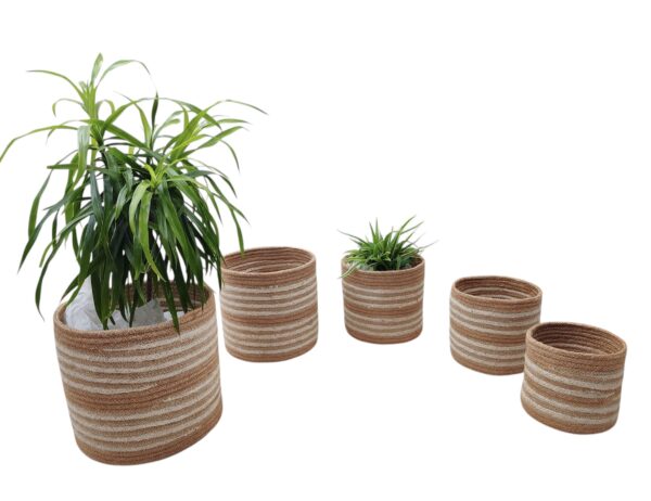 5-Piece Jute Planter Basket Set – Beige with White Band Base