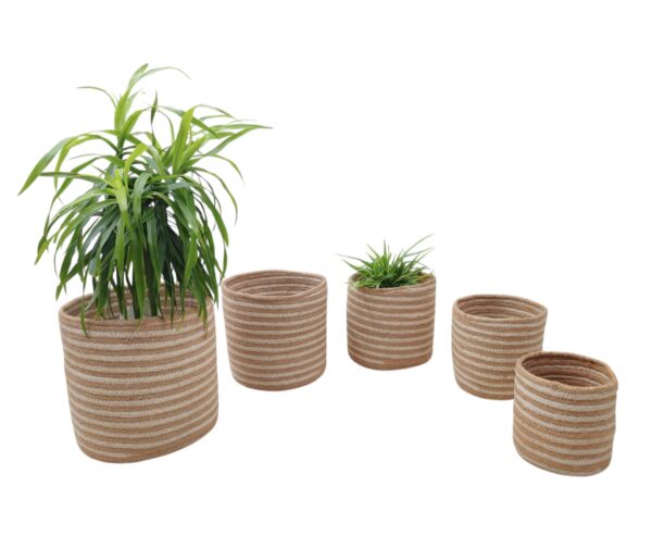 5-Piece Jute Planter Basket Set – Beige with White Stripes