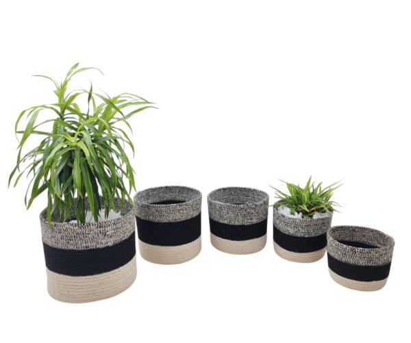 5-Piece Jute Planter Basket Set – Gray, Black & Natural Tricolor